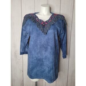 VTG Boos Blue Tie Dye Aztec Fringe Neck Oversized Shirt One Size Fits Most